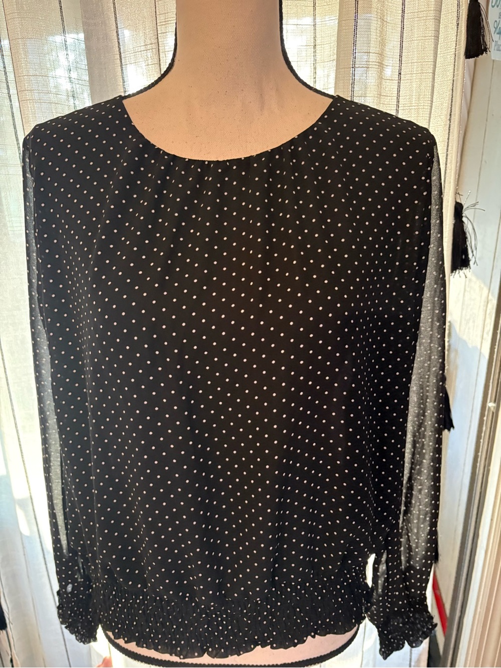 Polka Dot Long-Sleeve Black Blouse with Shirred Hem
